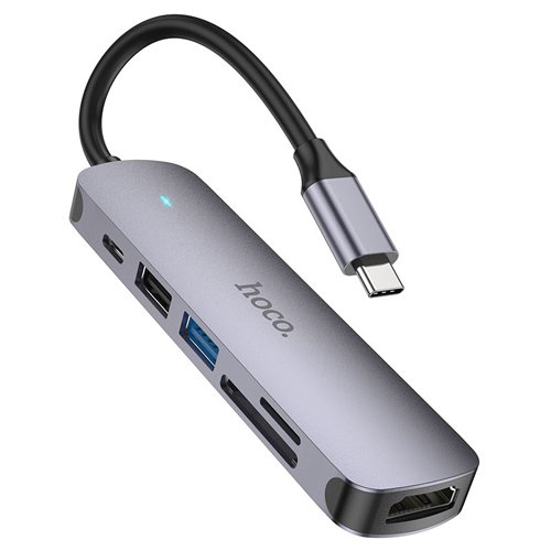 Hoco Type-C 6 in 1 Multifunction Converter (HDMI+USB3.0+USB2.0+SD+TF+PD) 100W HB28 - Metal Gray
